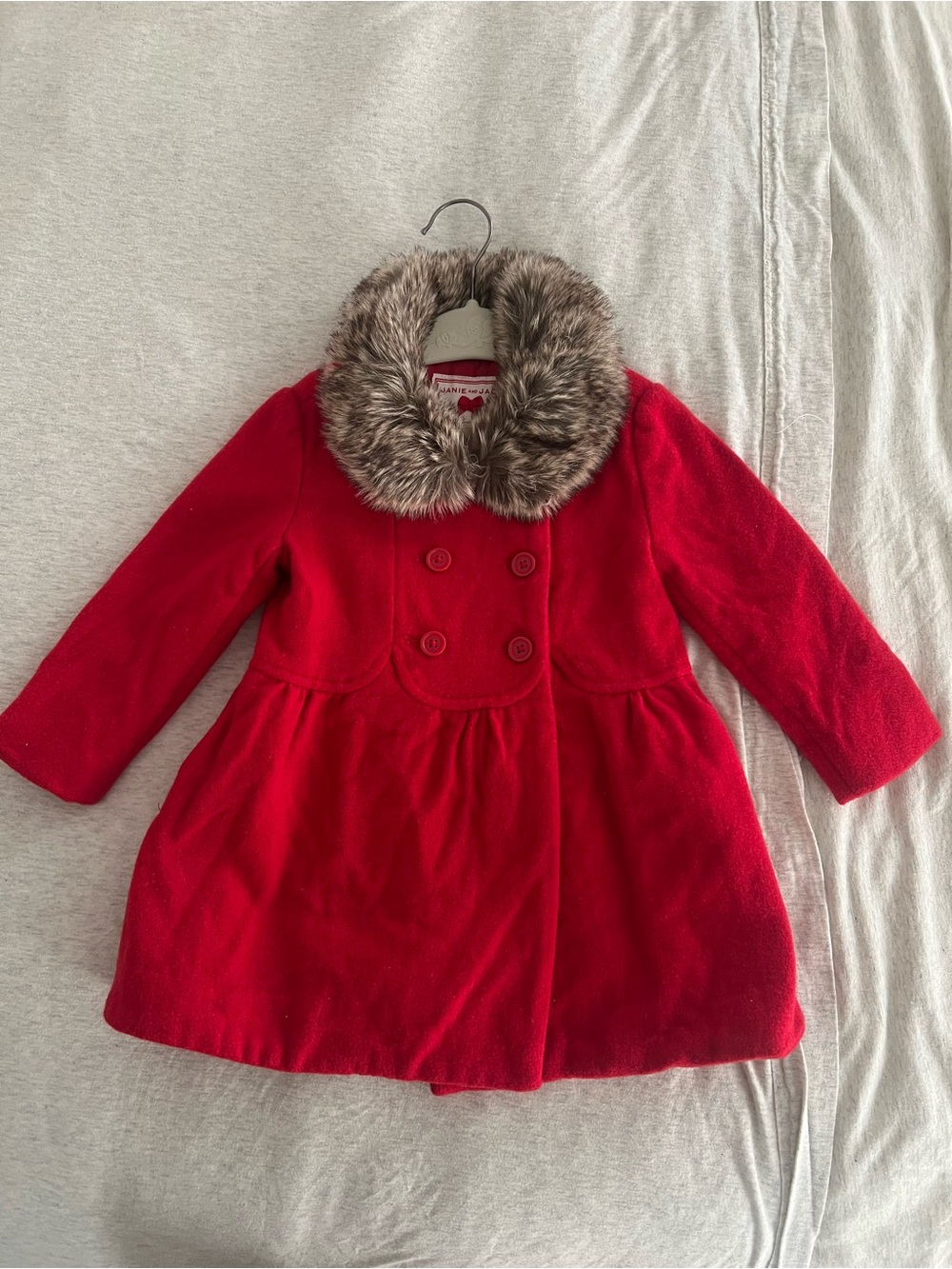 Janie and Jack Red Wool Coat with Faux-Fur Collar